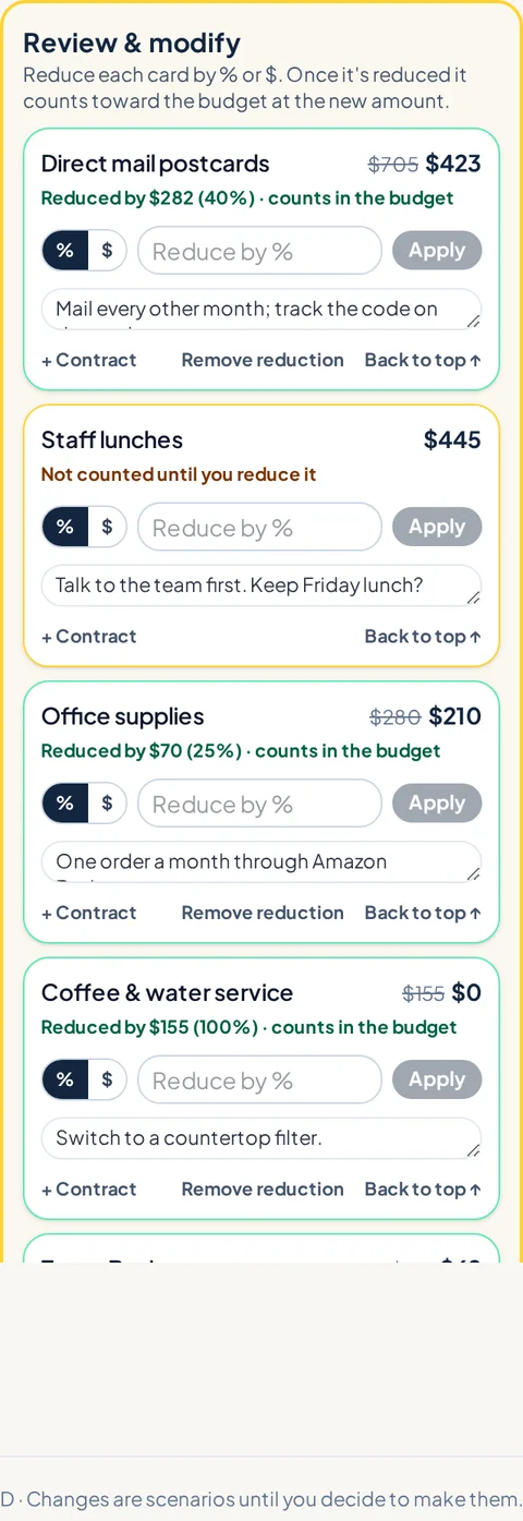Review and modify cards with reduce by percent or dollar